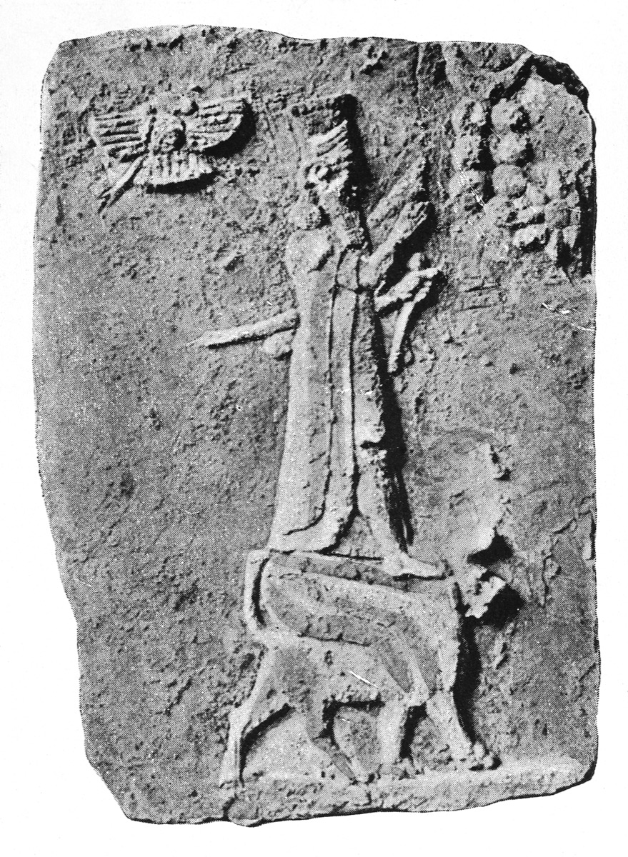 Stone relief of Marduk standing upon his sacred animal, the Mušḫuššu snake-dragon, with the winged sun of Shamash above. Babylonian, displayed in the Wellcome Collection.